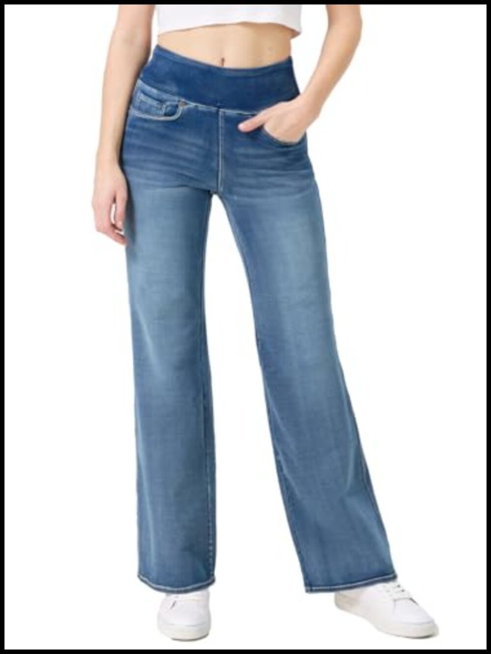 High Waisted Bell Bottom Pull On Jeans Flare Wide Leg Tummy Control